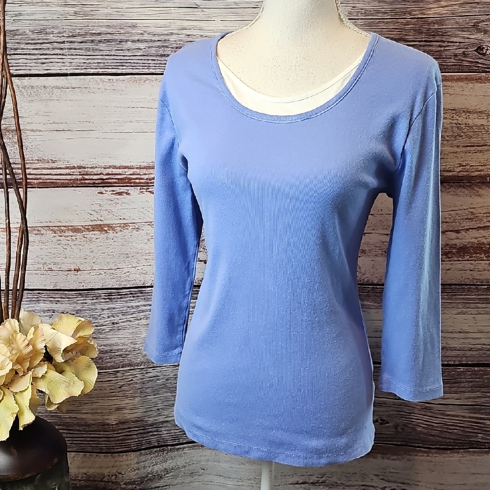 CROFT & BARROW BLUE WHITE DICKIE LONG SLEEVE PULLOVER TEE